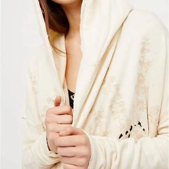 Free People Ivory French Terry Relaxed Hooded Wrap Cardigan Jacket Coastal Boho